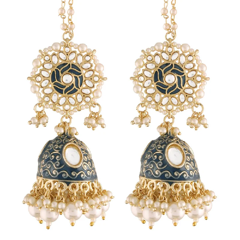 women’s bold earrings-Etnico18K Gold Plated Intricately Designed Traditional with Detachable Hair Chain Encased With Kundans & Pearls Jhumki Earrings For Women (E2906Bl)