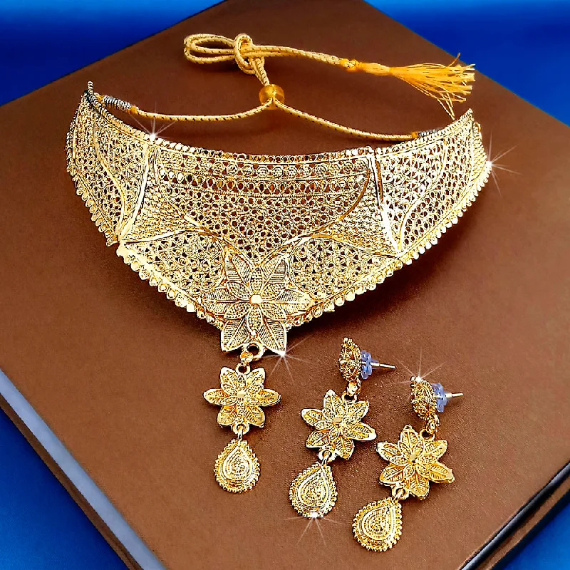 women’s rose-shaped necklace-Kalyani Forming Gold Plated Traditional Designer Necklace & Earring Set