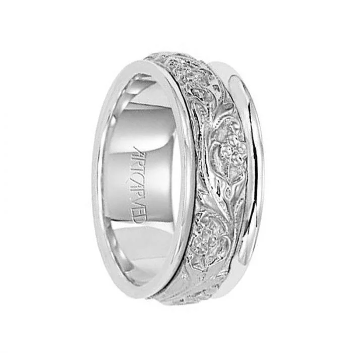 women’s radiant diamond engagement rings-LYRIC 14k White Gold Wedding Band with Floral Engraved Center Rounded Edges by Artcarved - 8 mm