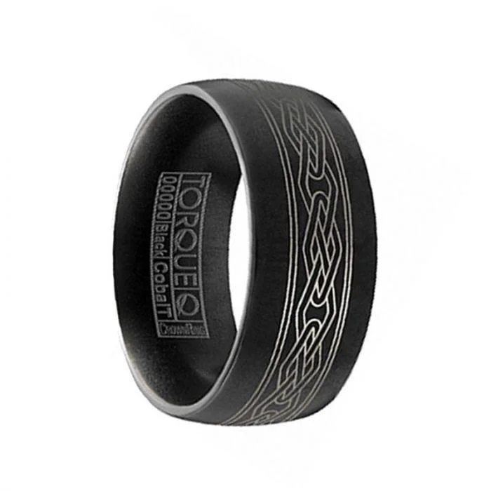 women’s matching engagement rings-YOSHI Torque Black Cobalt Wedding Band Matte Finish Center Laser Celtic Pattern - 9 mm