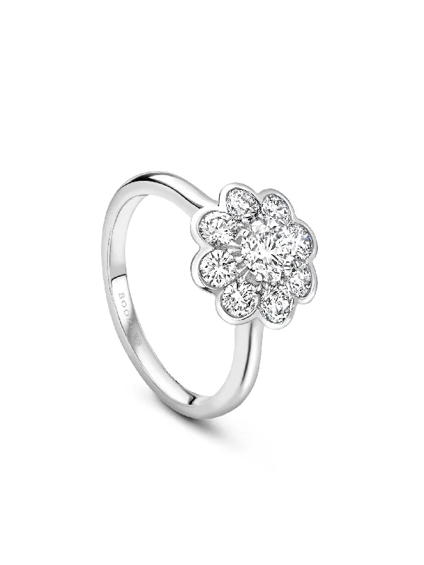 women’s promise ring-Classic Diamond Cluster Platinum Ring With Scalloped Edge