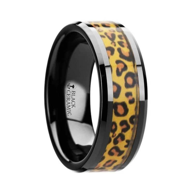 women’s radiant diamond engagement rings-NAMIBIA Black Ceramic Wedding Band with Cheetah Print Animal Design Inlay - 6mm & 8mm