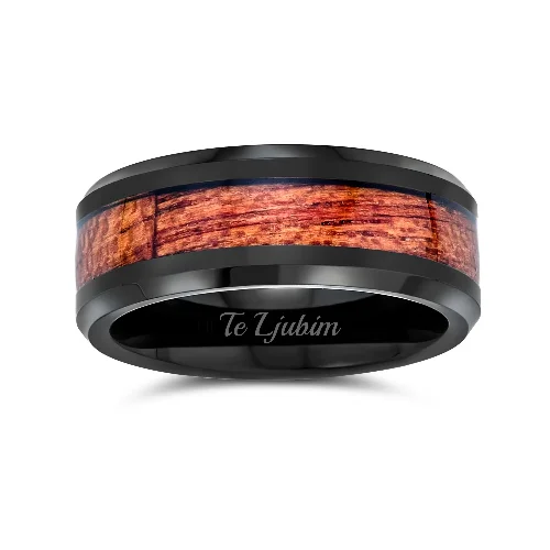 women’s bridal engagement rings-Tungsten Wedding Band Ring with Koa Wood Inlay and Silver Tone Comfort Fit