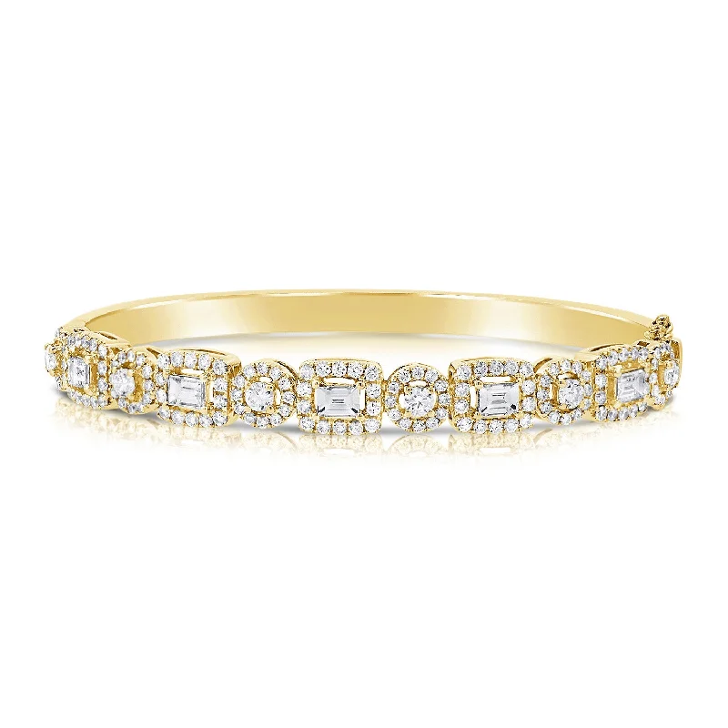 women’s multi-color bangle-14K Yellow Gold Mixed Shape Round and Baguette Diamond Hinged Bangle