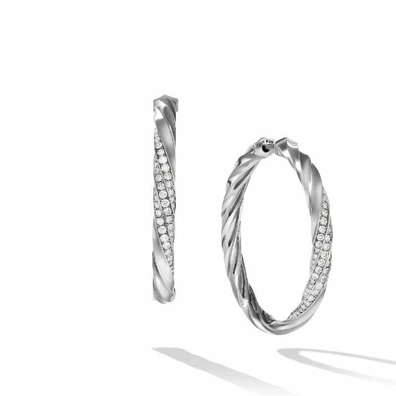 women’s statement earrings-Cable Edge Hoop Earrings in Recycled Sterling Silver with Pave Diamonds