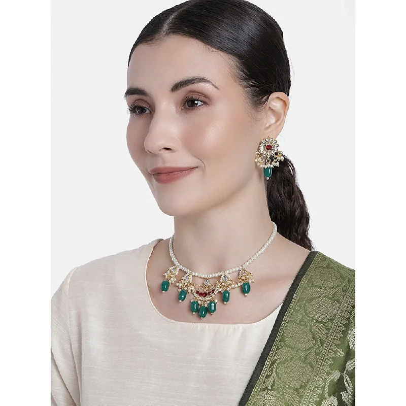 women’s elegant necklace-Etnico18k Gold Plated Green Beaded Pearl Moti Mala Necklace Jewellery Set for Women (ML301M)