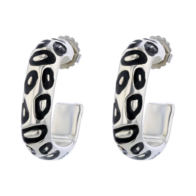 women’s hoop earrings-Sterling Silver Black Enamel J Hoop Earrings