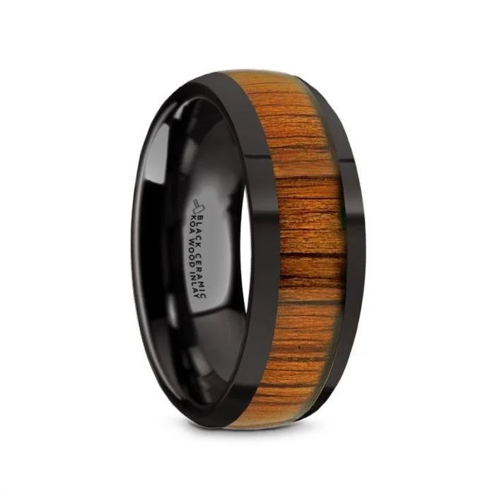 women’s sapphire halo engagement rings-LINDEN Black Ceramic Polished Finish Men’s Domed Wedding Band with Koa Wood Inlay - 8mm