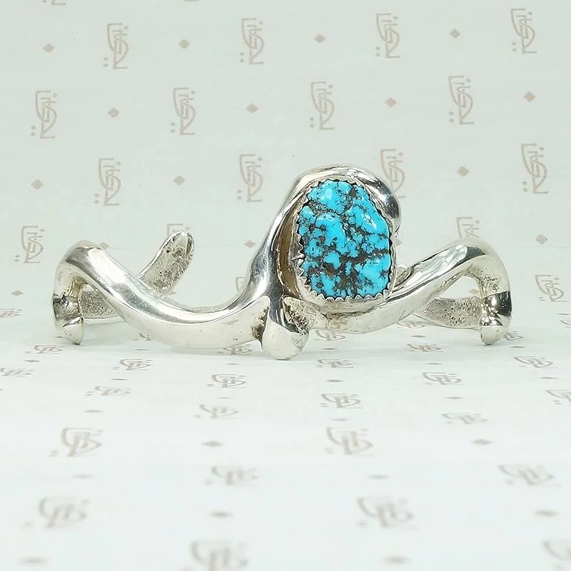 women’s silver bangle-Silver & Turquoise Cuff with Romantic Flourish