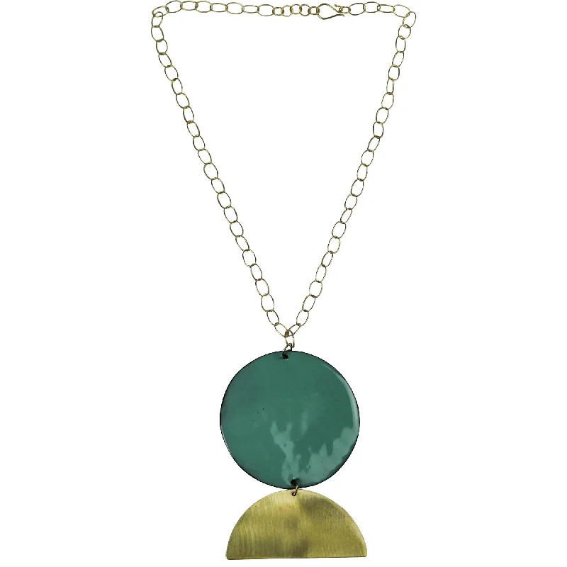 women’s long chain necklace-Donte Necklace, Circle with Semi-Circle, Aqua Enamel & Brass - Large