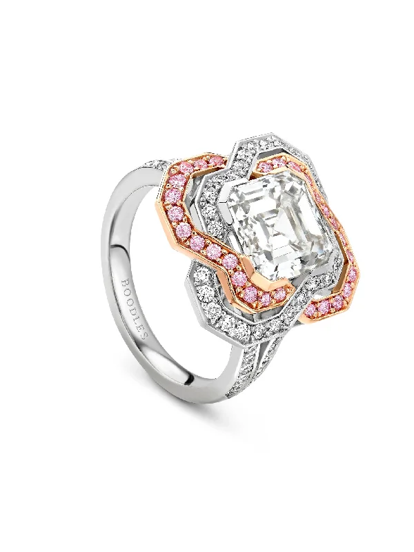 women’s silver ring-Pavilion Asscher Diamond and Pink Diamond Platinum Ring