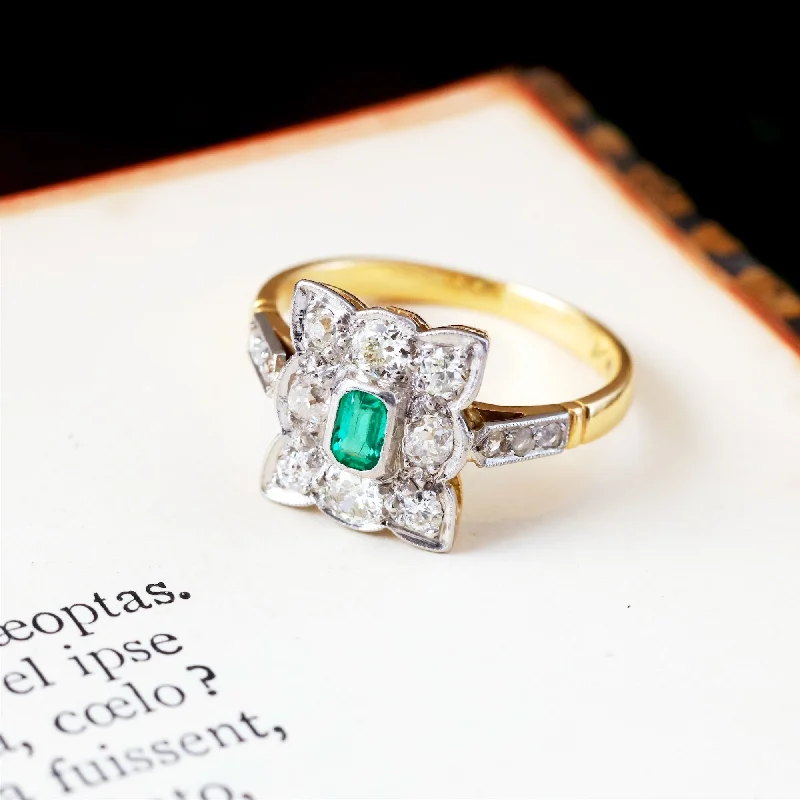 women’s modern ring-Most Desired Vintage Emerald & Diamond Cluster Ring