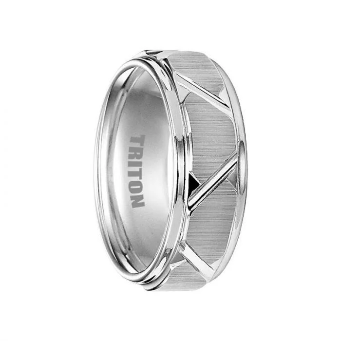 women’s custom halo engagement rings-BLAINE White Tungsten Wedding Band with Etched Finish and Diagonal Grooves by Triton Rings - 8mm