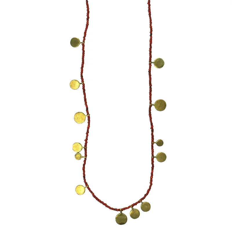 women’s diamond-studded necklace-Necklace, Brass Tabs on Red Beads