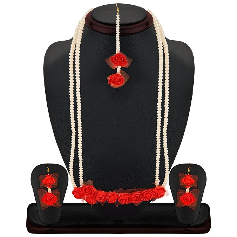 women’s luxury gemstone necklace-Mahi Exquisite Gotta Patti Red Floral Inspired Necklace Set With Artificial Pearl