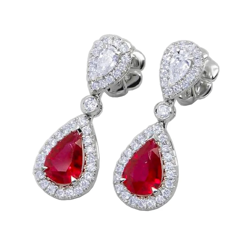 women’s diamond stud earrings-Ruby & Diamond Halo Drop Earrings