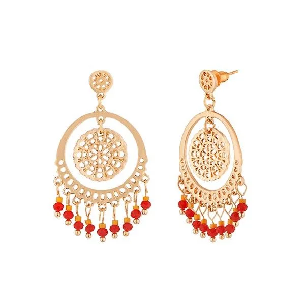 women’s golden hoop earrings-Urthn Red Beads Gold Plated Dangler Earrings - 1312511A