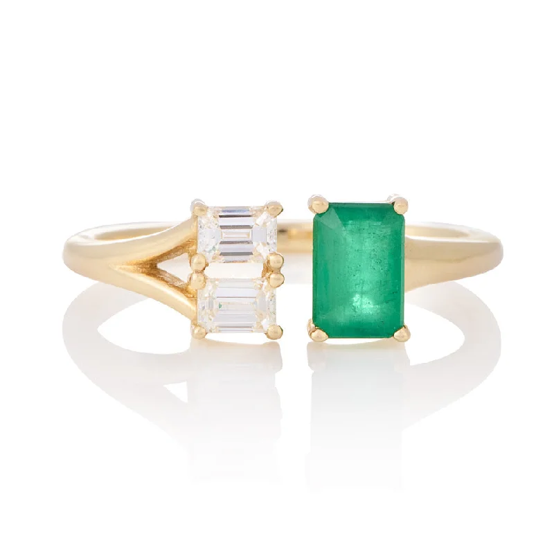 women’s fashion jewelry ring-Emerald Cut Emerald and Double Emerald Cut Diamond Open Hook Ring