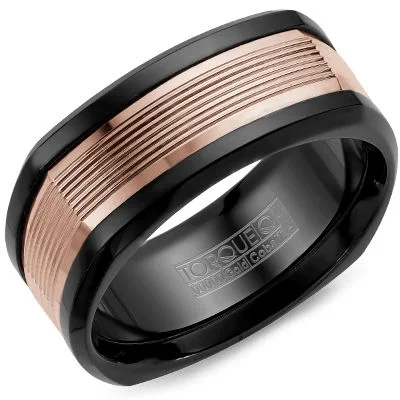 women’s emerald gemstone engagement rings-14k Rose Gold Squared Polished Center Grooved Black Cobalt Men’s Wedding Band by Crown Ring - 9mm