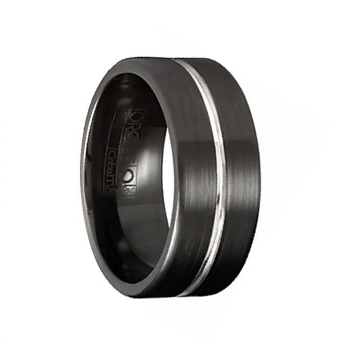 women’s classic engagement rings-RYAN Torque Black Cobalt Flat Wedding Band Brushed Finish with Center Grooved Design - 9 mm