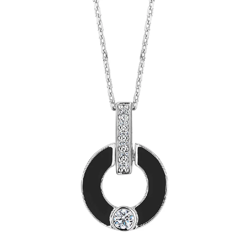 women’s anniversary necklace-Round Brilliant drop necklace with diamond simulants in black enamel and sterling silver