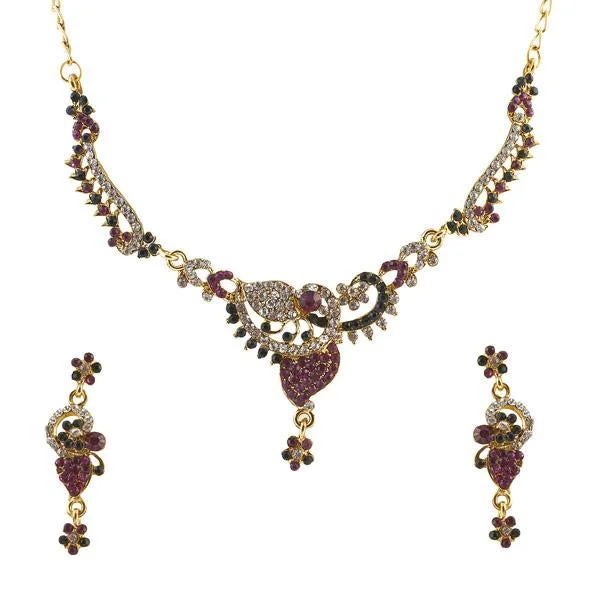 women’s heart pendant necklace-Kriaa Pink Austrian Stone Gold Plated Necklace Set