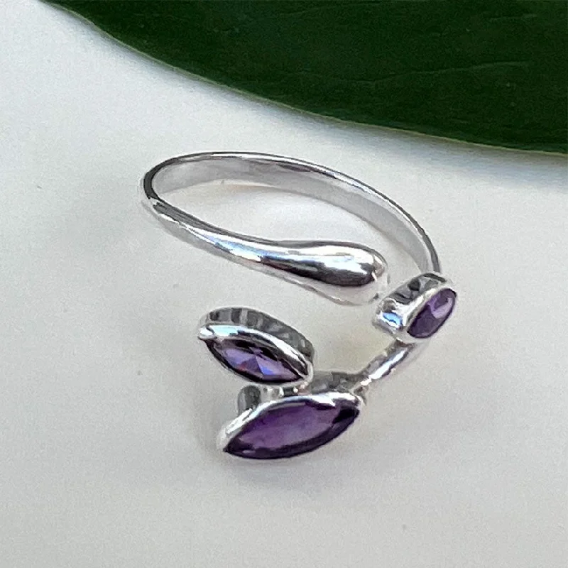 women’s anniversary ring-Amethyst Leaf Adjustable Ring- Sterling Silver, Indonesia