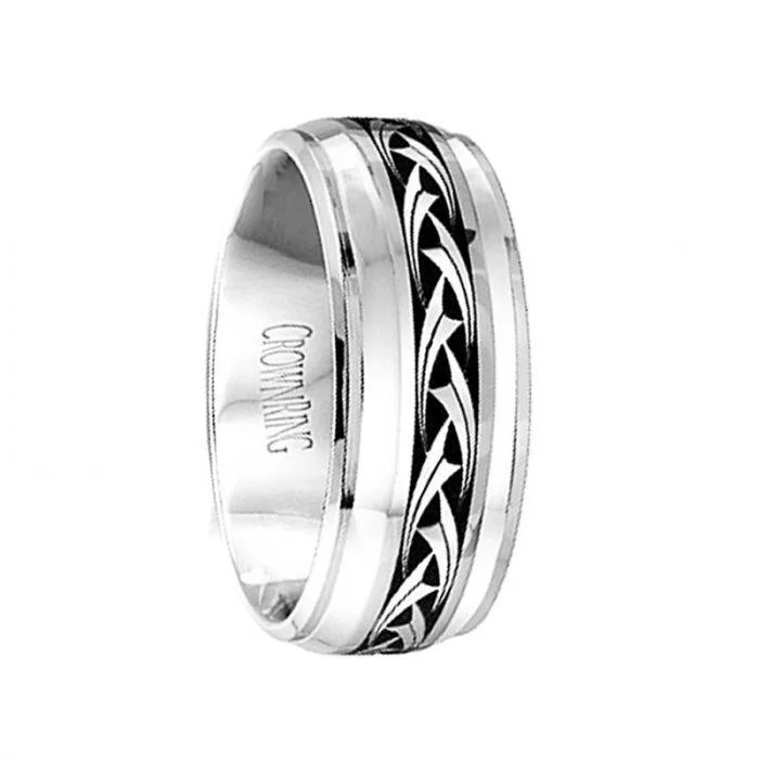 women’s minimalistic engagement rings-Polished Cobalt Men’s Wedding Band with Center Pattern & Beveled Step Edges - 9mm