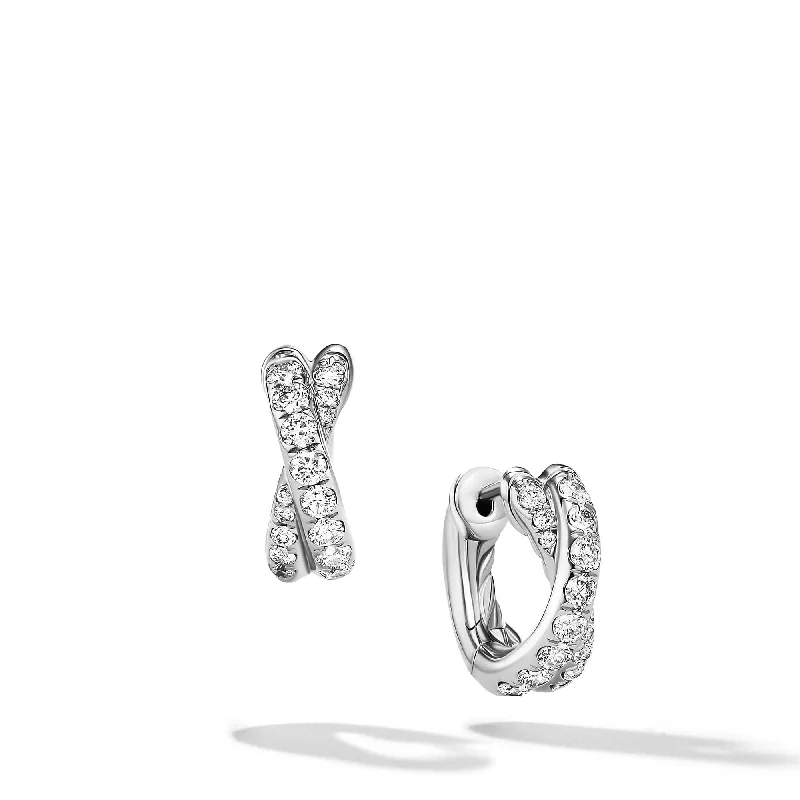 women’s dainty earrings-Pave Crossover Hoop Earrings in 18K White Gold with Diamonds