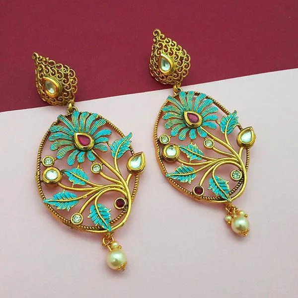 women’s vintage gemstone earrings-Nikita Arts Gold Plated Stone And Blue Meenakari Copper Matte Dangler Earrings - 1313121B