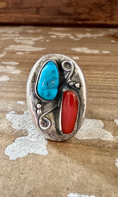 women’s classic solitaire ring-STEPPING STONES Vintage Handmade Men's Ring Sterling Silver, Turquoise, Coral • Size 9 1/2