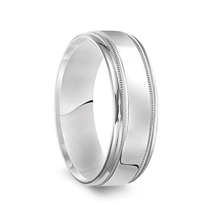 women’s custom engagement rings-14k White Gold Men’s Polished Wedding Band with Milgrain Accents - 7mm