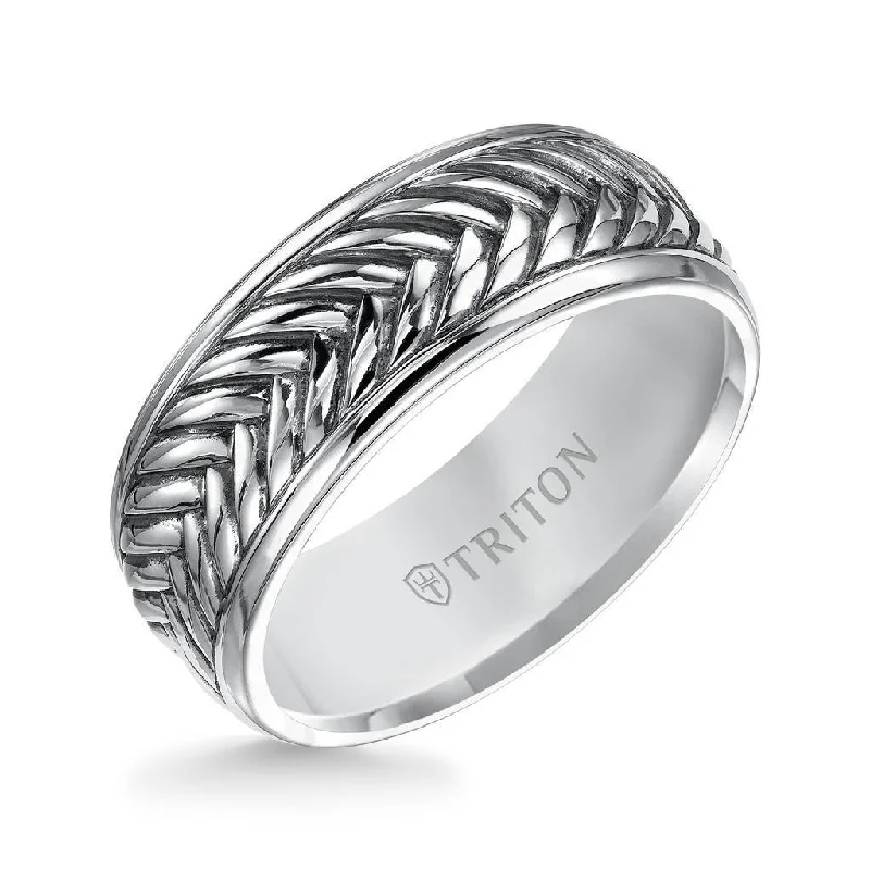 women’s platinum diamond engagement rings-ANDREW Sterling Silver Cast Comfort Fit Wedding Band with Woven Pattern Center, Polished Rims, and Black Oxidation Finish by Triton Rings - 9mm