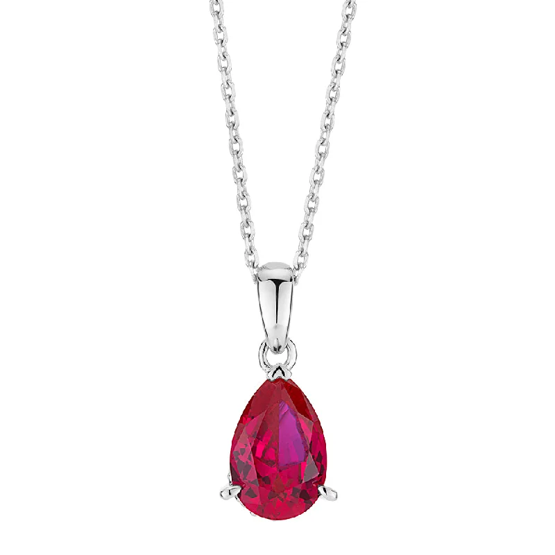 women’s diamond pendant necklace-Pear and Round Brilliant solitaire necklace with ruby and diamond simulants in sterling silver