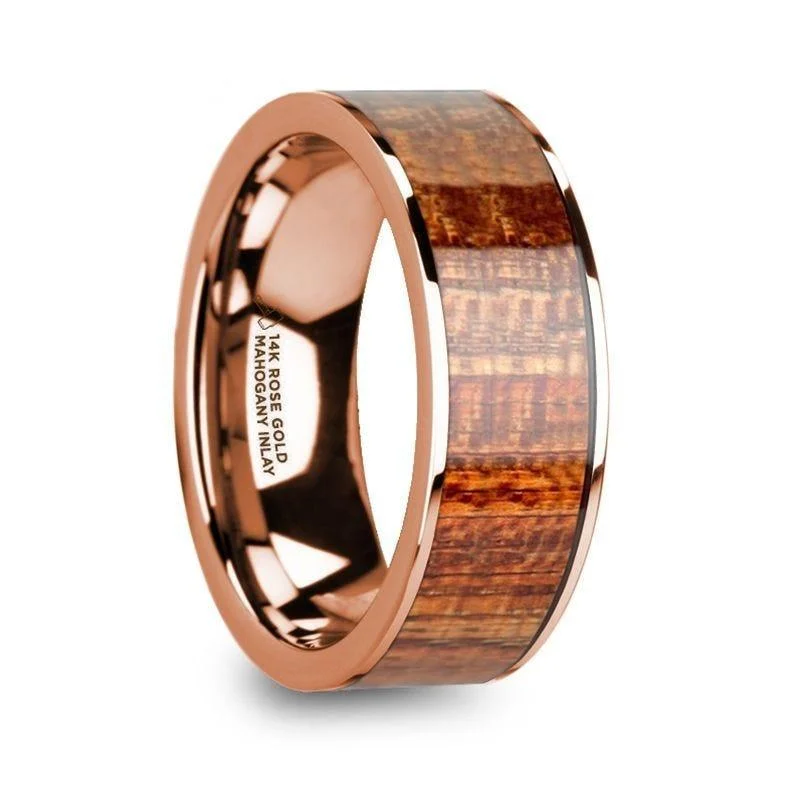 women’s dazzling engagement rings-OLYMPIAS 14k Rose Gold & Mahogany Wood Inlaid Men’s Wedding Band with Polished Finish - 8mm