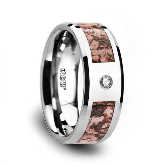 women’s minimalistic engagement rings-Pink Dinosaur Bone Inlaid Tungsten Carbide Diamond Wedding Band with Beveled Edges - 8mm