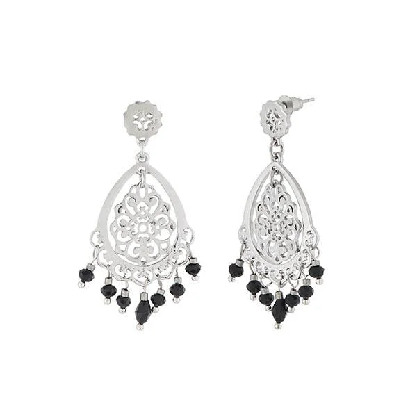 women’s long dangling earrings-Urthn Black Beads Silver Plated Dangler Earrings - 1312514B