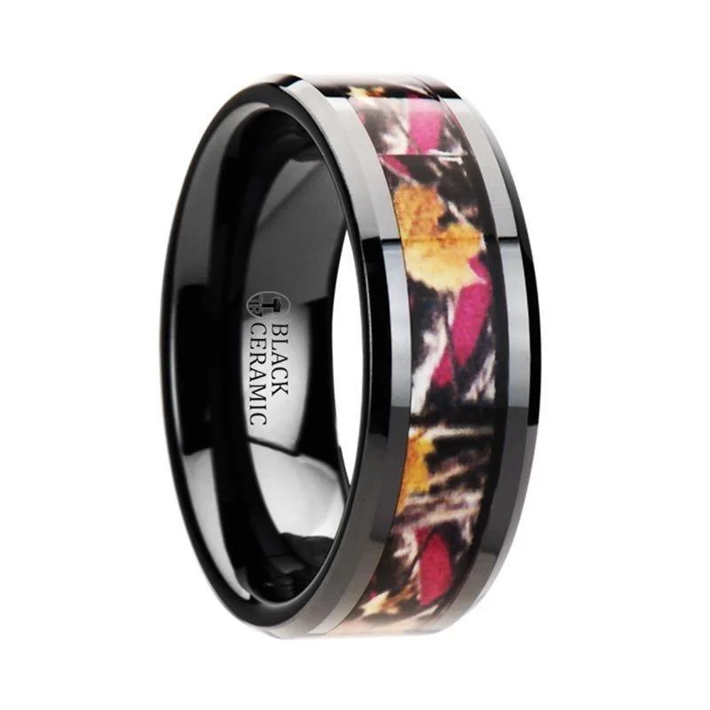 women’s dazzling engagement rings-LAUREL Realistic Tree Camo Black Ceramic Wedding Band with Real Pink Oak Leaves - 6mm - 8mm