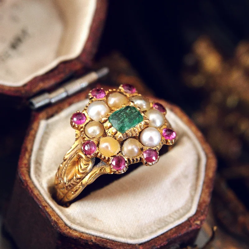 women’s emerald engagement ring-Exquisite Antique Georgian Emerald, Pearl and Ruby Ring