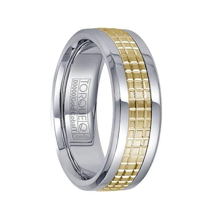 women’s diamond eternity rings-Polished White Cobalt with 14K Yellow Gold Grooved Center Men’s Wedding Band - 7.5mm