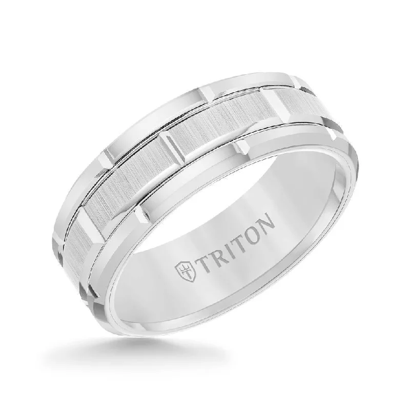 women’s diamond and sapphire engagement rings-BOWEN White Tungsten Wedding Band with Etched Finished Center and Bright Cuts by Triton Rings - 8mm