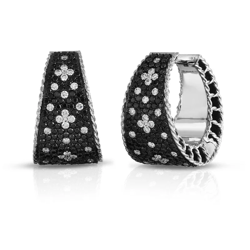 women’s red gemstone earrings-Tapered Hoop Earrings with Black and White Fleur De Lis Diamonds