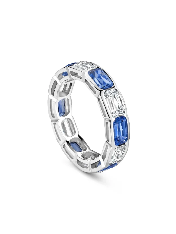 women’s eternity diamond ring-Classic Ashoka Diamond Sapphire Scalloped Full Hoop Platinum Eternity Ring