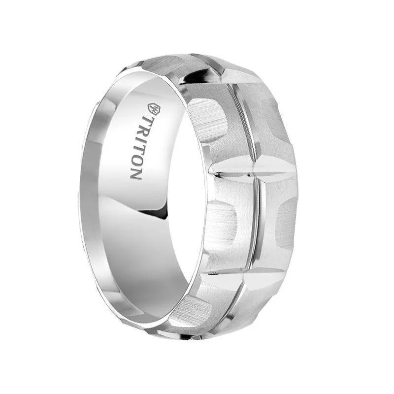 women’s heirloom engagement rings-MADDOX Domed White Tungsten Carbide Wedding Band with Matrix Style Brushed Finish and Polished Cuts by Triton Rings - 9 mm