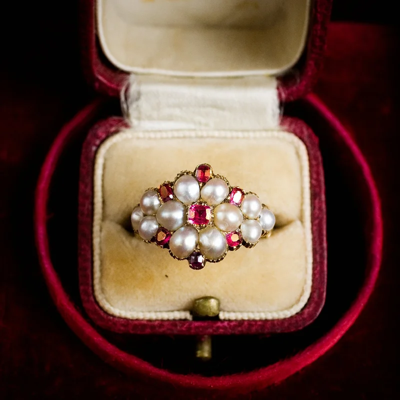 women’s trendy rings-Thou Dost Enthrall Me! Antique Georgian Ruby & Natural Pearl Cluster Ring