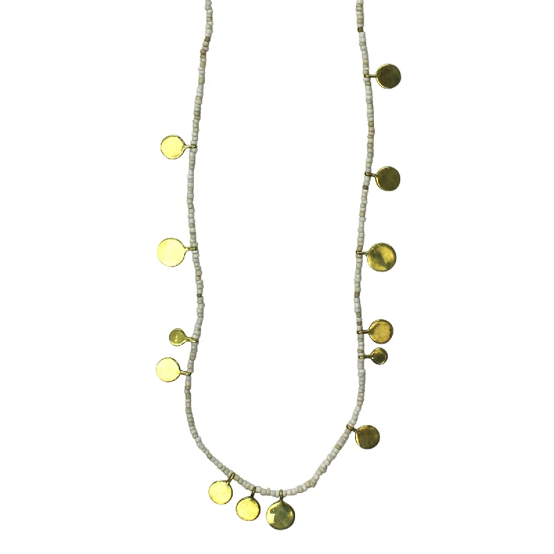 women’s vintage necklace-Necklace, Brass Tabs on White Beads