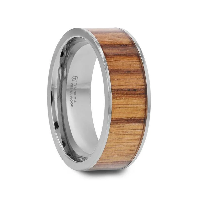 women’s solitaire with side stones engagement rings-LAMAR Zebrawood Inlaid Flat Titanium Men's Wedding Band With Flat Polished Edges - 8mm