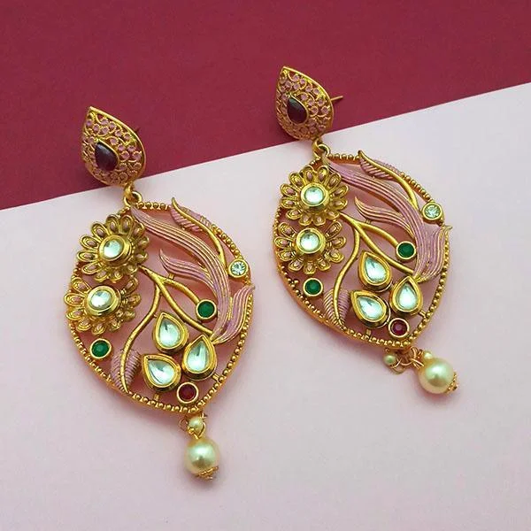 women’s vintage drop earrings-Nikita Arts Gold Plated Stone And Pink Meenakari Copper Matte Dangler Earrings - 1313123D