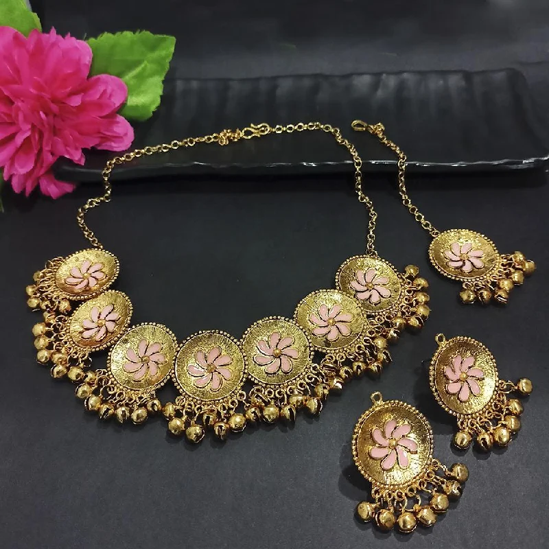 women’s hollow necklace-Kriaa Gold Plated Peach Meenakari Necklace Set With Maang Tikka - 1116020G