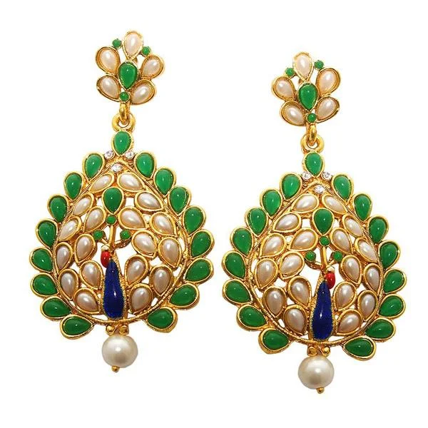 women’s halo earrings-Kriaa Green Pota Stone Gold Plated Peacock Earrings